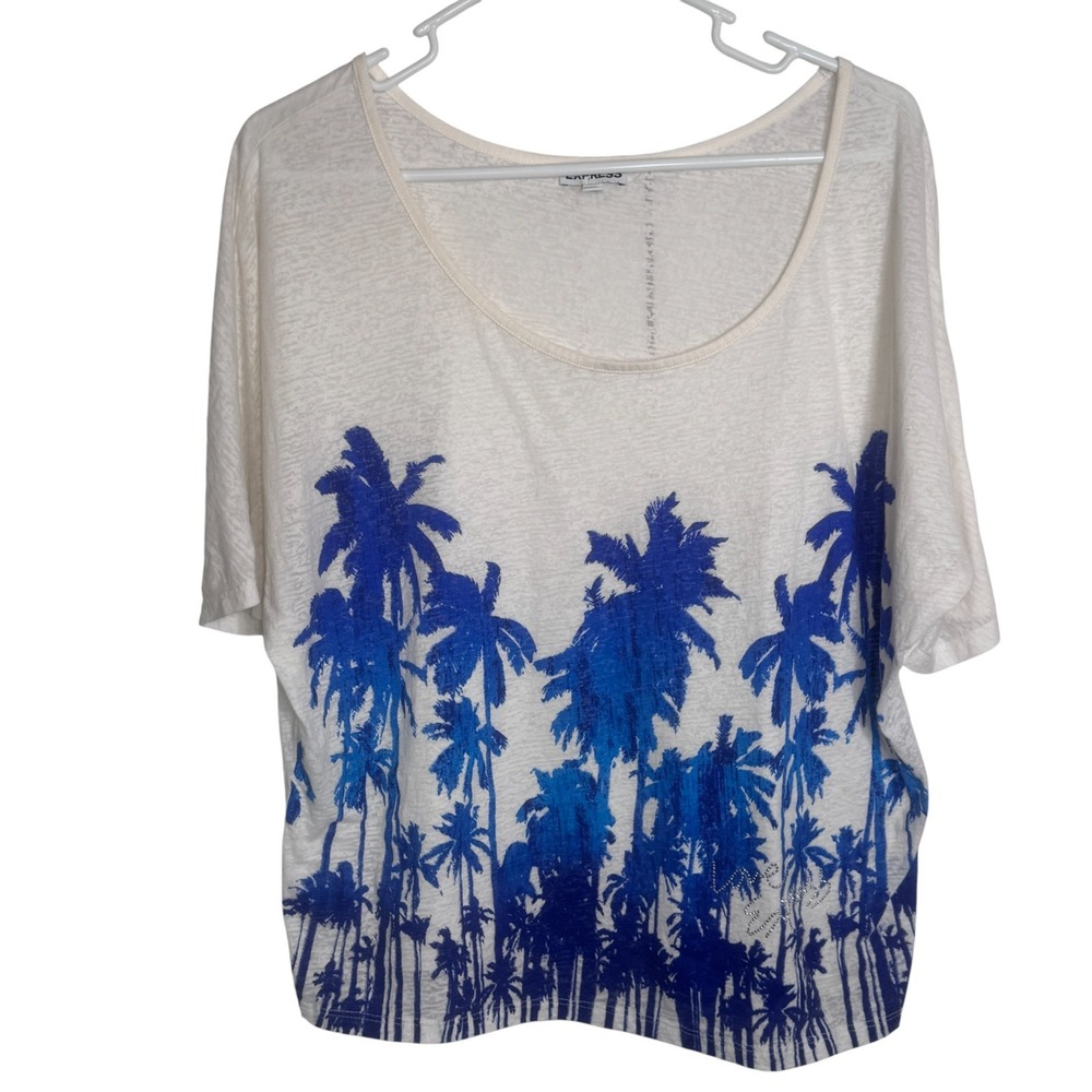 Express Crop White Tee Shirt Womens Medium Blue Palm Trees Semi Sheer Bling Love